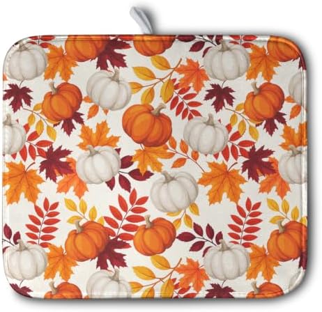 Fall Dish Drying Mat for Kitchen Counter Autumn Orange White Pumpkin Maple Leaves Dishes Drying Pad Thanksgiving Absorbent Microfiber Dish Drainer Rack Mat Holiday Dish Mat 16x18 Inch by Kwlegh