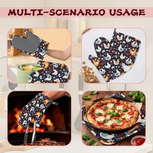 Cute Roosters Hens Chicks Heat-Resistant Silicone Oven Mitts and Pot Holders,Flower Field Long Oven Gloves with Non-Slip Grip for Cooking, Baking, Grilling,BBQ - Image 6