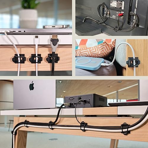 [Made in the UK] 10-Pack Adjustable Elastic Adhesive Cable Clips, Wire Management Holder, Cord Organizer for Home Office, Under Desk, Behind TV, Phone Charger, Laptop, PC, HDMI, USB (Black) - Image 3