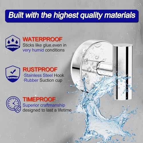 Bntuk Suction Cup Hooks, Shower Hooks for Inside Shower – Removable Towel Hooks for Bathroom Window Glass Mirror Tile, Bath Robe Looafh Hook for Hanging – Waterproof & Rustproof, Chrome (4 Pack) - Image 3