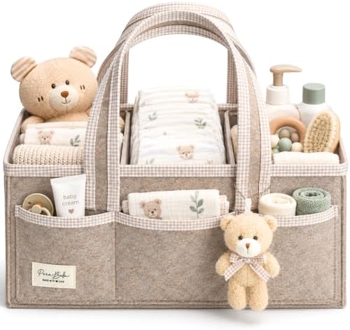 PeraBella Baby Diaper Caddy Organizer, XL Baby Basket Shower Gift Caddy, Portable Felt Changing Table Basket, Nursery Storage Bin, Newborn Boy and Girl Essentials for Registry, Car Diaper Organizer by PeraBella