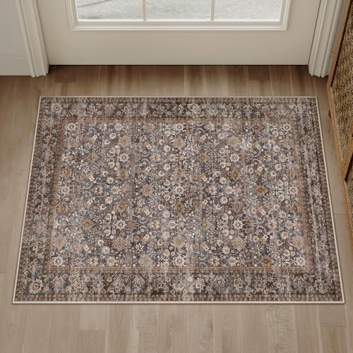 HUGEAR 2x3 Brown Blue Vintage Floral Washable Area Rug for Entryway - Image 3