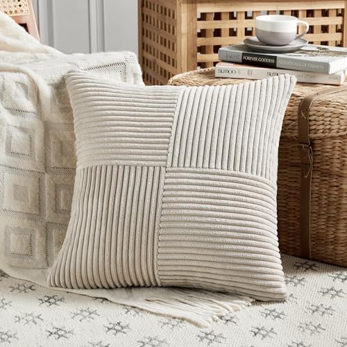 Fancy Homi 2 Packs Neutral Taupe Decorative Throw Pillow Covers 16x16 Inch for Living Room Couch Bed, Rustic Farmhouse Boho Home Decor, Soft Corss Patchwork Corduroy Textured Square Cushion Case 40cm - Image 2