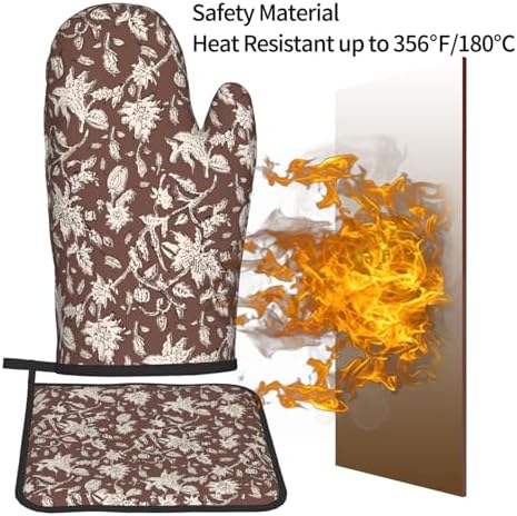 Vintage Block Print Brown Oven Mitts and Pot Holders Sets Floral Vine Oven Mitts Heat Resistant Flowers Kitchen Gloves Hot Pads Two Piece Set for Cooking Baking Grilling BBQ - Image 5