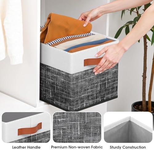 Fab totes Collapsible Storage Baskets for Shelves,14"x10", 6 Pack Foldable Fabric Storage Bins with Double Leather Handles, Large Baskets for Organizing Books, Clothes, White & Black - Image 4