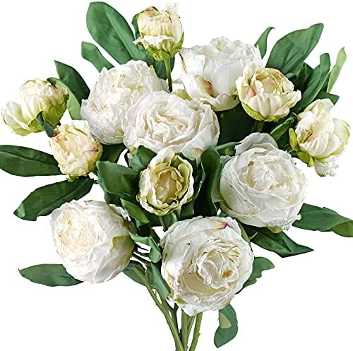 FiveSeasonStuff Vintage White Peonies – Realistic Artificial Silk Flowers with Dry-Look Petals, 6 Stems for Rustic Home & Wedding Bridesmaids Bouquet Bridal Showers by FiveSeasonStuff