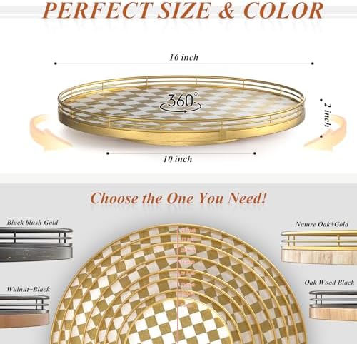 AMH 16-Inch Gold and White Checkerboard Lazy Susan with Rubberwood Base - Image 6