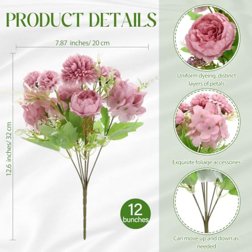 Tigeen 12 Bundles Artificial Flowers Bouquet Silk Peonies, Dusty Purple - Image 2