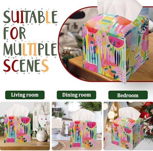 Modern Square Leather Tissue Box Cover/Case Holder Gifts for Women Family and Friends, Decorative Holder/Organizer for Bathroom Kitchen Nightstand Office Home (Colorful Rainbow Fruits) - Image 6