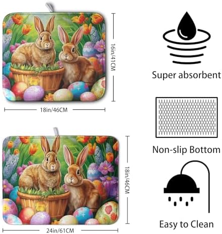 Easter Bunny Eggs Dish Drying Mat for Kitchen Counter, Tulip Floral Flower Drying Mat Spring Summer Holiday Dish Mat Drying Kitchen Mat Absorbent Kitchen Drying Mat for Sink 16x18Inch - Image 2