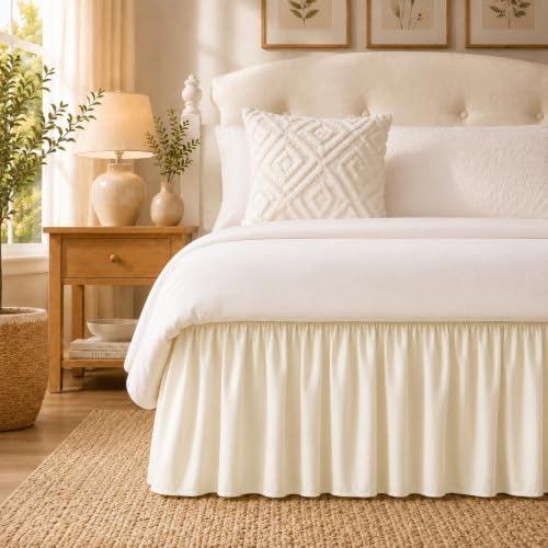 RIMELA Bed Skirts Full Size Cream Dust Ruffle 15 Inch Drop, Wrap Around Elastic Adjustable Bedskirt, Bed Skirt for Adjustable Bed Base, Soft Durable Fabric Machine Washable Easy to Install by RIMELABedSkirt