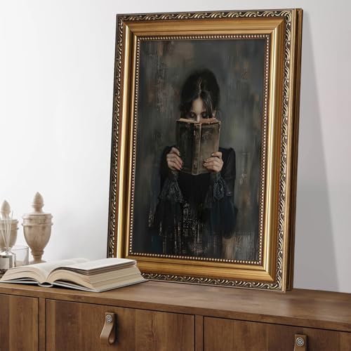 Gold Framed Canvas Wall Art Print, Victorian Woman Painting Picture, Vintage Portrait Oil Painting Wall Decor, Moody Reading Nook Painting for Bedroom Bathroom Wall Art, Dark Academia Decor 16''x24'' - Image 3