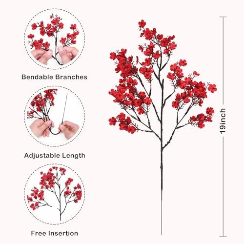 Waipfaru Red Fake Flowers, 6 Pcs Baby's Breath Artificial Flowers, Real Touch Silk Flowers Fall Stems for Spring Summer Fall Thanksgiving Christmas Decor Floral Arrangement, 19 Inches - Image 4