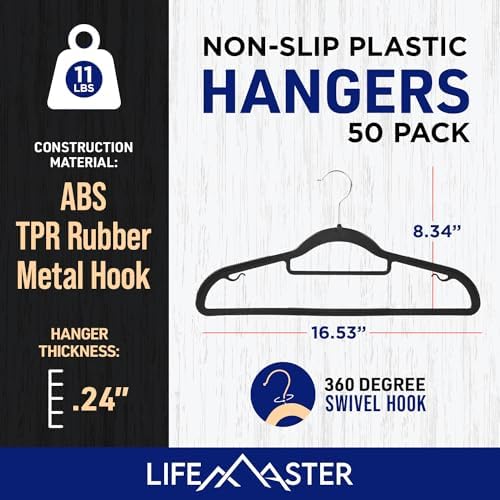 Lifemaster Versatile Clothes Hanger Set - 50 Pieces Space-Saving Dry and Wet Clothes Hanger Set with 360° Swivel Hook and Non-Slip Rubber Design - Black - Image 2