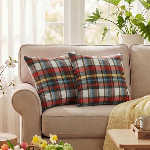 AVOIN colorlife Spring Summer Red Brown Blue Plaid Decorative Throw Pillow Covers, 18 x 18 Inch Holiday Scottish Tartan Cushion Case Farmhouse Decoration for Sofa Couch Set of 2 - Image 2