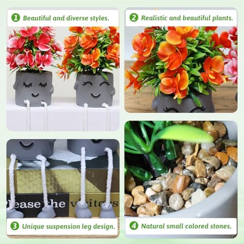 Zerzsy 2 Pack Cute Artifical Plants Fake Flowers in Cement Pots Bathroom Shelf Small Plants Decor - Artificial Greenery Potted Plant for Home Spring Home Office Decorations - Image 6