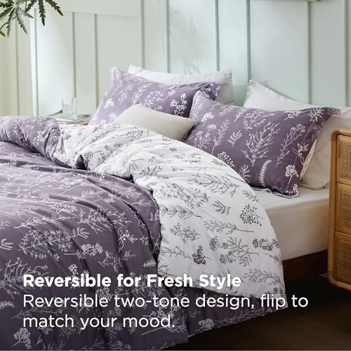 Bedsure Floral Comforter Set Cute Bedding King Reversible Grayish Purple - Image 2