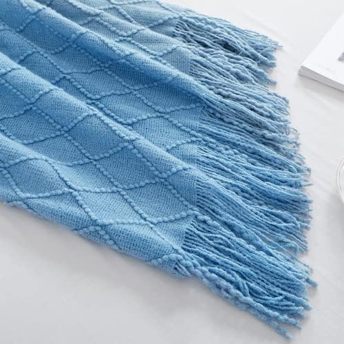 BOURINA Blue Throw Blanket 50x60 Inch Boho Knitted Soft Throw Sofa Blanket - Image 5