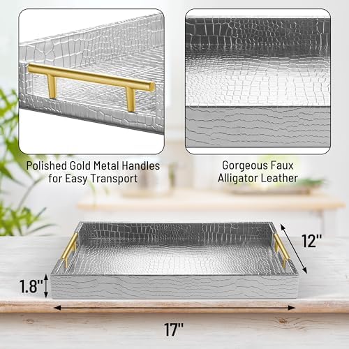 ATZYmolin 17"x12" Leather Serving Tray, Gold Handle Vanity Platter, Silvery - Image 2