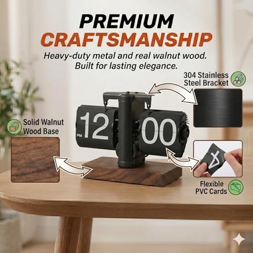 Vintage Auto Flip Down Clock - Mechanical Digital Desk Clock with Solid Walnut Wood Base - Battery Operated Retro Table Clock for Home, Office Decor & Unique Gift - Image 2