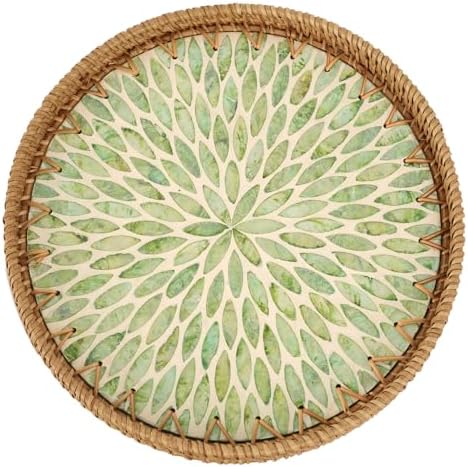 Round Rattan Tray with Mother of Pearl Inlay, Rattan Serving Tray for Coffee, Bread, Fruits, Decorative Wicker Tray for Table Decor, Home Decor, Kitchen Island Decor (Green Leaf, 11.8") by Tynulox