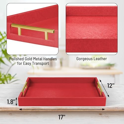 ATZYmolin 17"x12" Leather Serving Tray, Gold Handle Vanity Platter, Red - Image 2