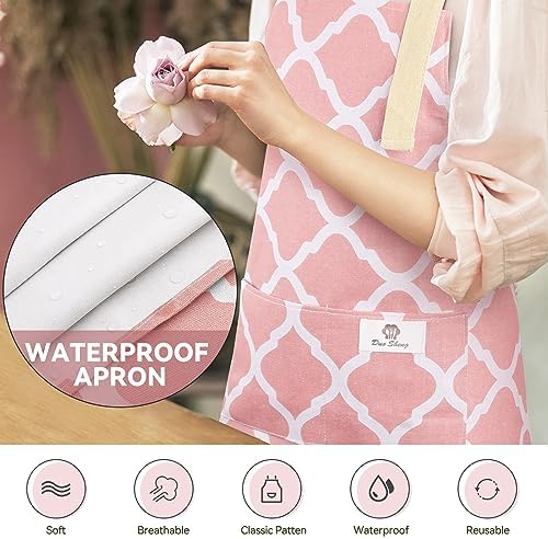 2 Pieces Aprons for Women with Pockets, Cotton Linen Waterproof Kitchen Cooking Aprons, Chef Apronfor Men Women with Adjustable Neck Strap and Long Ties(Pink/Yellow) - Image 4