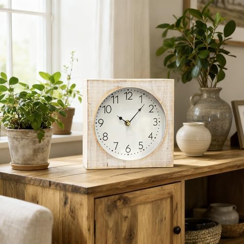 Vintage Table Clock, Square Wooden Farmhouse Table Clock Silent Non-Ticking Battery Operated Desk and Shelf Clocks for Living Room, Kitchen, Bedroom Decor - Image 3