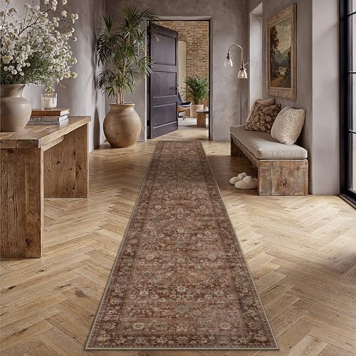 HUGEAR 2x12 Brick Red Vintage Floral Washable Runner Rug for Hallway - Image 2