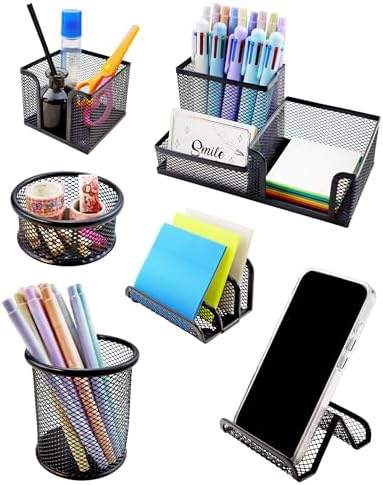 Desk Organizer Set, 6 Piece Mesh Office Accessories, Pen Holder, Phone Stand, Clip Holder, Desktop Storage Set, Black by Unknown