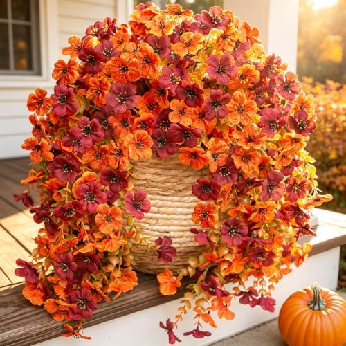 HyeFlora Artificial Autumn Flowers for Outdoors Fall Light Orange & Brown Daisy, Fake Hanging Decoration, 2Pcs Outside Decor, Realistic Plants, Silk Flower for Porch Patio Balcony Planter Yard by HyeFloraartificialflowers