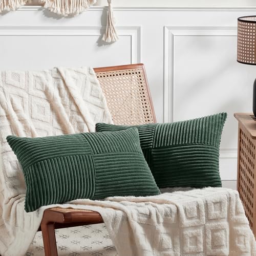 Fancy Homi Set of 2 Dark Green Long Lumbar Decorative Throw Pillow Covers 12x24 Inch for Living Room Couch Bed, Boho Farmhouse Forest Green Home Decor, Soft Corduroy Corss Textured Cushion Cas by Fancy+Homi