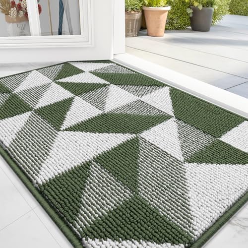 OLANLY Door Mat Indoor Entrance Washable 32x20, Odor-Free Low-Profile Front Back Geometric Doormat, Absorbent Resist Dirt Entry Carpet, Easy to Clean Sturdy Inside Floor Mats for Entryway, Green by OLANLY
