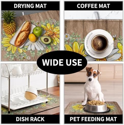 Rustic Daisy Floral Dish Drying Mat for Kitchen Counter Spring Summer Sunflower Dish Drying Mat Bee Absorbent Microfiber Dish Mat Reversible Dish Drainer Rack Mat 16x18 Inch - Image 7