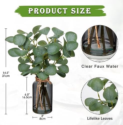 Artificial Eucalyptus Stems Fake Plants in Glass Vase with Faux Water - Image 2