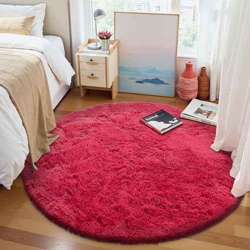OLANLY Red Round Rugs for Bedroom - Machine Washable, 4 ft Circle Area Rugs for Living Room, Soft and Fluffy Shaggy Carpet for Teen Girls and Boys, Nursery Rooms, Dorms, Home Decor Aesthetic - Image 3