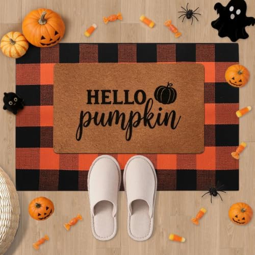 2 Pack Halloween Door Mat Set, Pumpkin Coir Mat & Orange Black Plaid Mat - Image 3