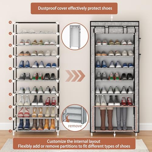 Calmootey 9-Tier Shoe Rack Organizer with Dust Cover for Bedroom, Entryway - Image 7