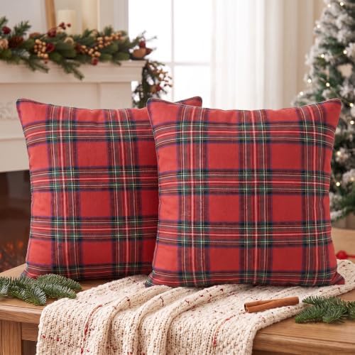 AVOIN colorlife Christmas Red Green Plaid Decorative Throw Pillow Covers, 16 x 16 Inch Holiday Scottish Tartan Cushion Case Farmhouse Decoration for Sofa Couch Set of 2 by AVOINcolorlife