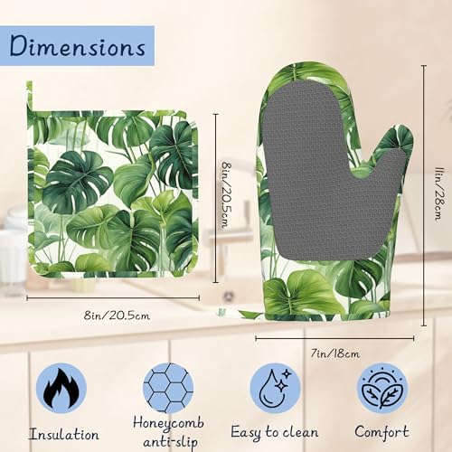 Green Palm Leaf Pot Holders and Oven Mitts,Summer Tropical Leaves Oven Mitts Heat Resistant Cotton Lining Anti-Slip Silicone Kitchen Mitts Set Hot Pads for Microwaves Cooking Baking Grilling - Image 2