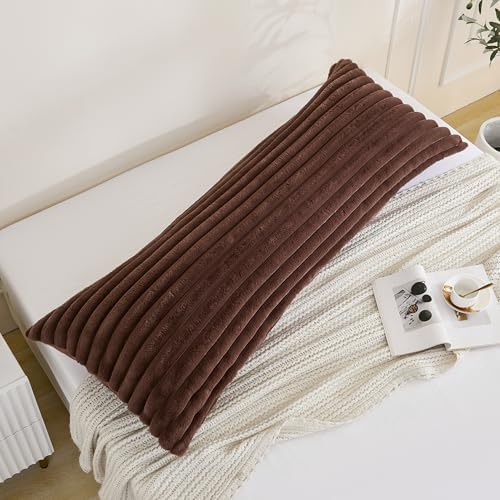 Full Body Pillow with Fluffy Stripe Faux Fur Removable Cover, Long Bed Pillow Adult 20x54 Inches for Side Sleeper and Pregnancy, Coffee. - Image 3
