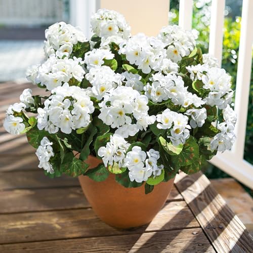 Artificial Geranium Fake Flowers for Outdoors Decoration, 6 Bundles Silk Geraniums White Flower UV Resistant Look Real Faux Plants for Front Door Garden Porch Planter Patio Balcony Yard Indoor Home - Image 4