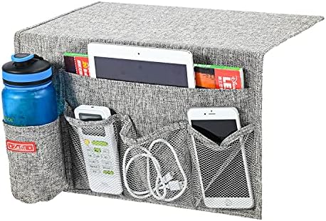 Zafit Linen 5 Pockets Bedside Caddy, Bedside Storage Organizer with Water Bottle Holder for Magazine, Remotes, Phone (Grey) - Image 2
