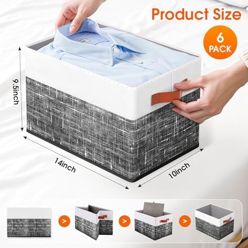 Fab totes Collapsible Storage Baskets for Shelves,14"x10", 6 Pack Foldable Fabric Storage Bins with Double Leather Handles, Large Baskets for Organizing Books, Clothes, White & Black - Image 2