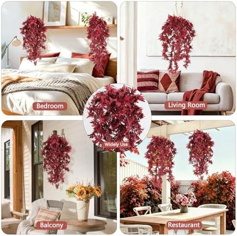 RECUTMS 3Pcs Artificial Hanging Fall Maple Leaves Plant 27.5In Wine Red - Image 2