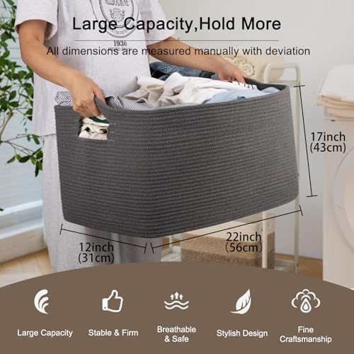 OIAHOMY 75L Large Blanket Basket Woven Rope Storage Basket Dark Grey - Image 3