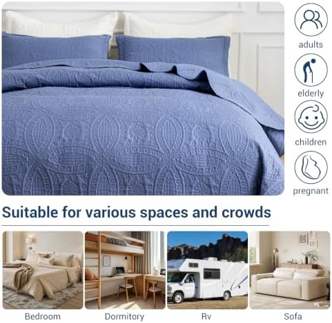 SheRest King Quilt Bedding Set - Grayish Blue Soft Breathable Bed Quilt, Modern Style Embossed Bedspreads, Lightweight Microfiber Reversible Coverlet for All Seasons-3 Pieces (1 Quilt,2 Pillow Shams) - Image 5
