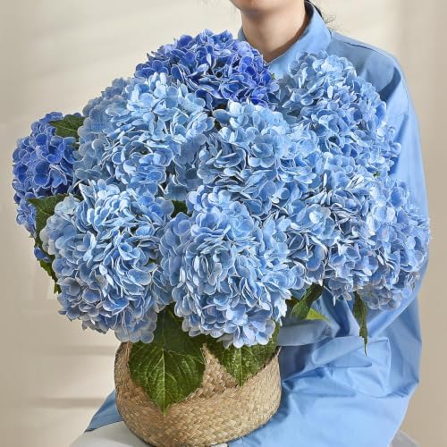 6Pcs 21in Hydrangea Artificial Flowers, Latex Real Touch Hydrangeas (Blue) - Image 6