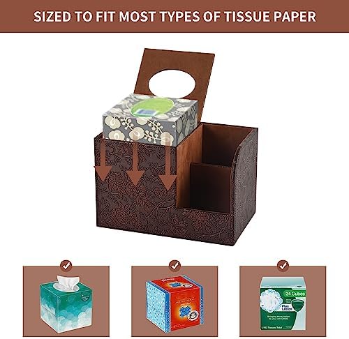 PU Leather Tissue Box Cover Square Tissue Holder Tissues Box Organizer with 2 Compartment,Remote Control Holder,Multifunctional Decorative Tissue Box Covers Cube,Home Office Desktop Storage Box,Retro - Image 4