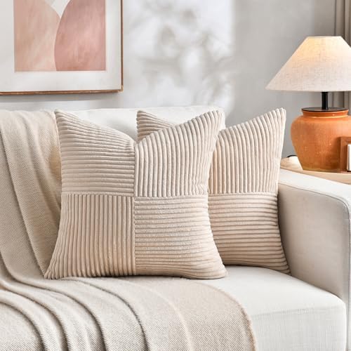 Fancy Homi 2 Packs Tan Samll Decorative Throw Pillow Covers 12x12 Inch with for Couch Bed Sofa, Rustic Farmhouse Boho Home Decor, Soft Corss Patchwork Corduroy Square Beige Cushion Case 30x30 cm - Image 5